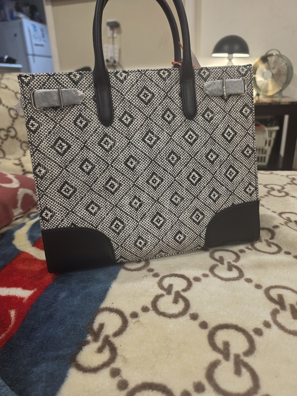 Ralph Lauren Black and White Patterned Tote with Leather Trim